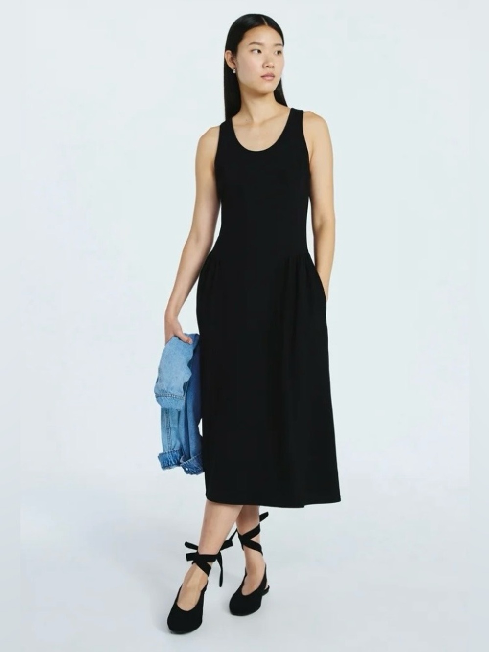 Scoop Stretch Cotton Blend Midi Basque Dress With Pockets - Size Large - NWOT